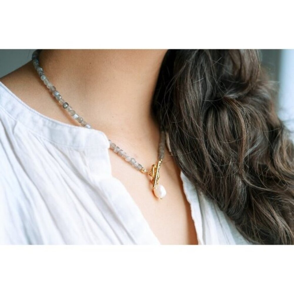 GORGEOUS Gemstone Beaded Necklace Baroque Pearl + Toggle Clasp Waterproof Gold - Picture 4 of 16